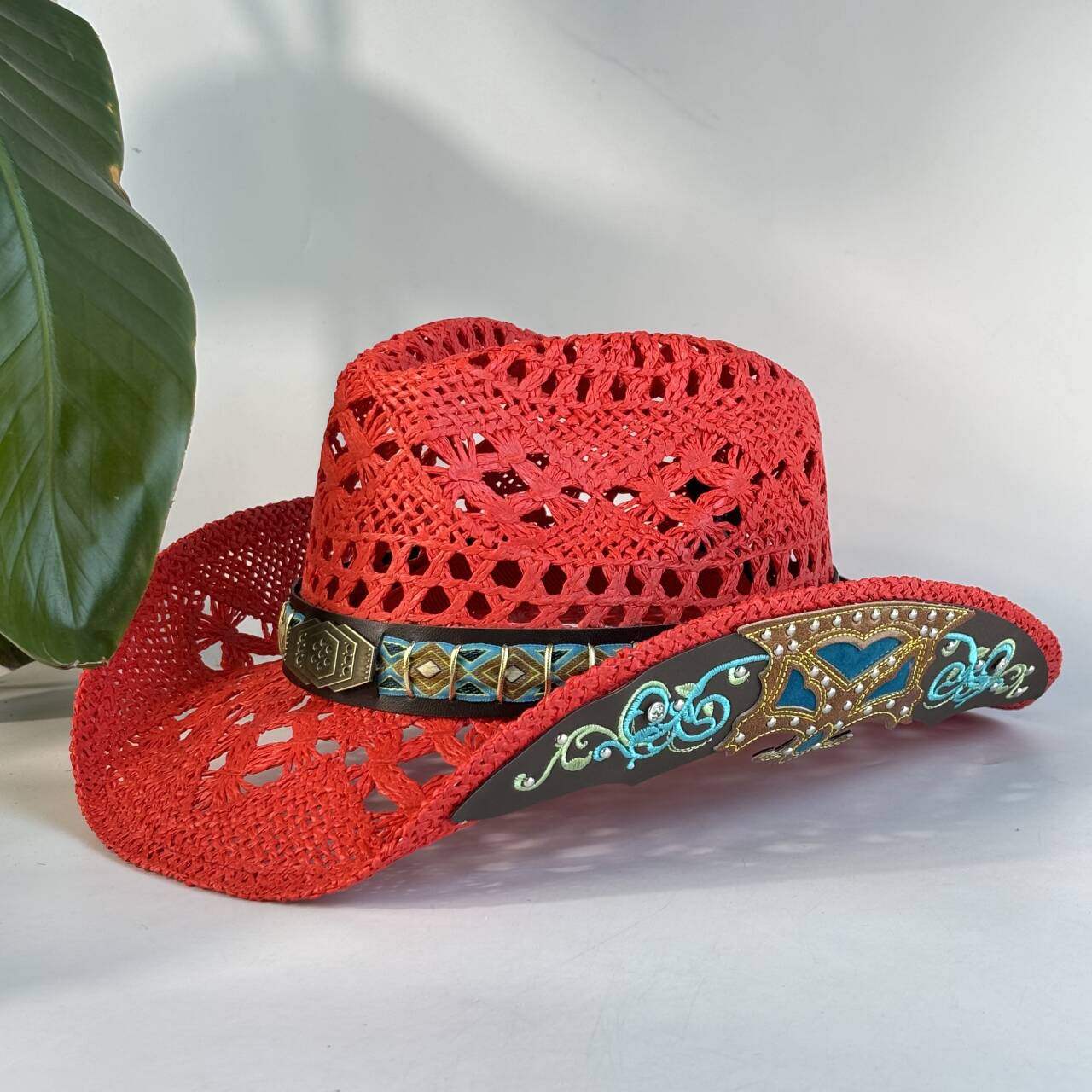 여성용 빈티지 레드 할로우 크로셰 카우보이 모자 - 로 - Cowboy Hat Straw 리뷰 및 가격